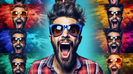 Amazing Crazy Hipster Guy Emotions Collage in Magazine Style - obrazy, fototapety, plakaty