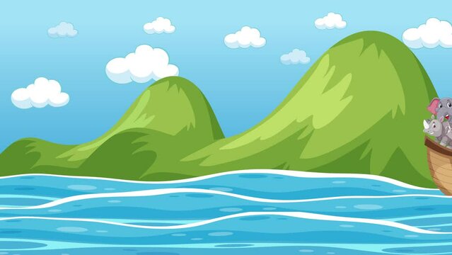 Noah's Ark boat floating on flood water with animals on board