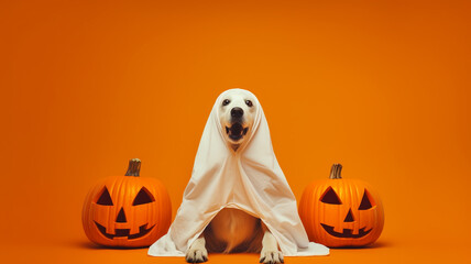 Funny dog wearing cute ghost halloween costume - Powered by Adobe