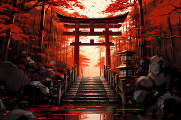 red tori gate at the shrine anime style - obrazy, fototapety, plakaty