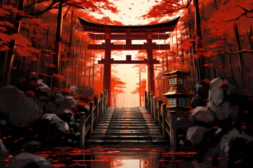 Fotobehang red tori gate at the shrine anime style © hamsah