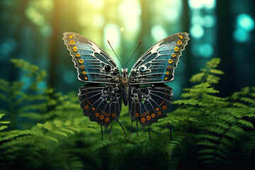 A beautiful butterfly electronics technology in the forest. Insect. Illustration, Generative AI.