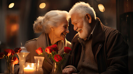 elderly couple man and woman on a romantic date in a restaurant