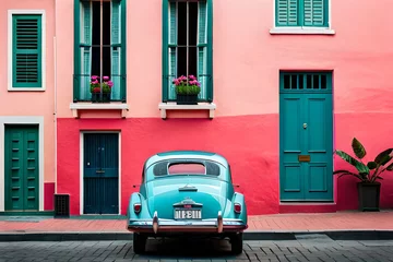 Fotobehang Famous bright color retro car parked by colorful houses in Bo Kaap district in Cape Town. © Luci