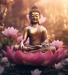 gold meditation buddha sitting on golden lotus