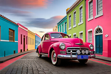 Famous bright color retro car parked by colorful houses in Bo Kaap district in Cape Town.
