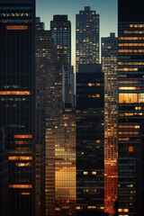 Evening facades of skyscrapers turn on the lights in their business offices. AI Generation 