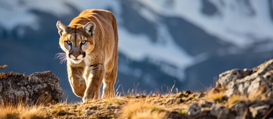 Puma spotted in Torres del Paine National Park Patagonia Chile - obrazy, fototapety, plakaty