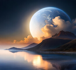 The moon shines behind the mountain, png