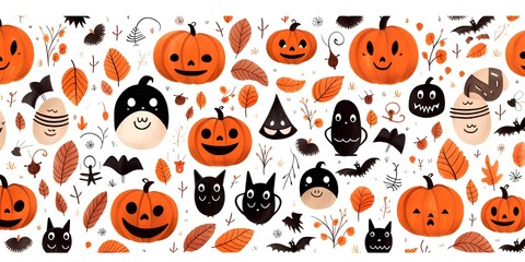 Cute faces and Halloween pumpkin lantern seamless pattern for halloween in white background