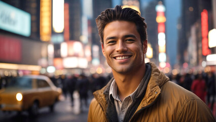 Fototapeta premium smiling man taking a photo in time square, new york city, usa, world travel, nomade lifestyle