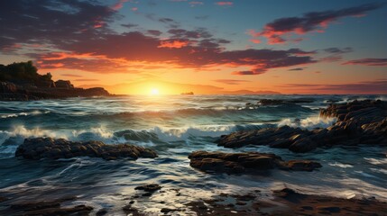 Fototapeta na wymiar beautiful sea view. with crashing waves and beautiful coral at sunset