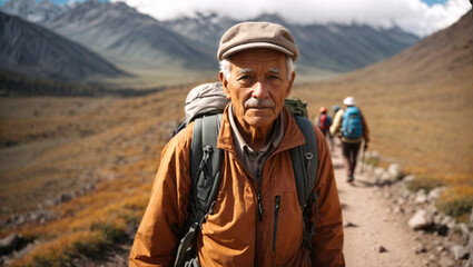 Fototapeta na wymiar elderly man traveler trekking through the mountains, in Argentine Patagonia, ascending to the peak, nomadic lifestyle, world travel