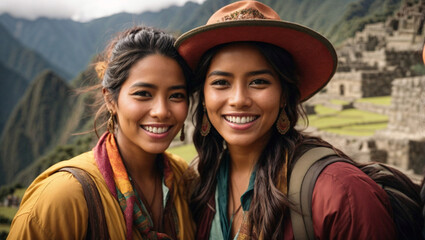 two women smiling and taking a photo at Machu Picchu, Peru, nomadic lifestyle, world travel, Latin America - obrazy, fototapety, plakaty