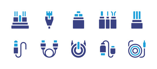Cable icon set. Duotone color. Vector illustration. Containing cable, usb cable, jack cable, ethernet, optical fiber.