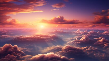 Beautiful sunset sky view above the clouds with dramatic light and charming clouds