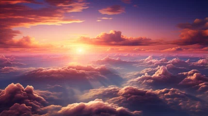 Papier Peint photo autocollant Aubergine Beautiful sunset sky view above the clouds with dramatic light and charming clouds