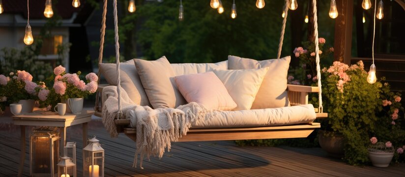 Wicker Swing With Light Bulbs On The Porch Hammock Made Of Thread On The Verandah Terrace Of The Summer House Designed Like A Photo Studio