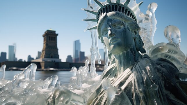 statue of liberty. the statue is covered in ice.  beautiful shot where the statue is frozen