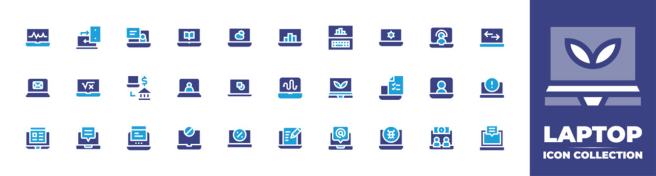 Laptop icon collection. Duotone color. Vector and transparent illustration. Containing laptop, weather, data transfer, conference, video call, banned, virtual event, ebook, telework, online, and more.