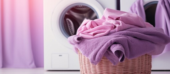 Tidy household with clean violet towels and textiles next to the washing machine and laundry basket - obrazy, fototapety, plakaty