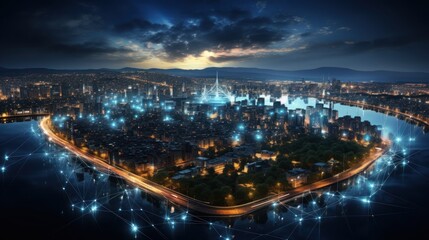 City view at night with futuristic smart city connecting point technology concept with 5G smart phone