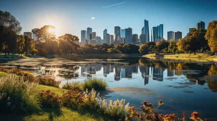 Sunrise with beautiful city background, lakes and green parks