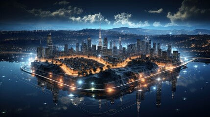 Modern city with wireless network connection and Wireless network concept with city background at night.