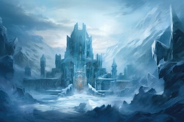 At the heart of the frozen tundra, a crystal citadel rises from the ice, protected by elemental guardians whose roars unleash blizzards with every breath. - obrazy, fototapety, plakaty