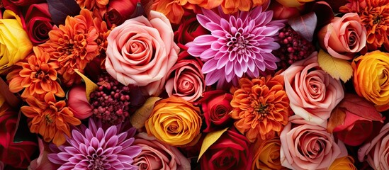 Beautiful close up floral composition with autumn colors a colorful bouquet showcasing orange and...