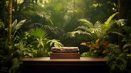 Obraz premium 3D nature background of a rock podium display for cosmetic or beauty product promotion. generated by ai