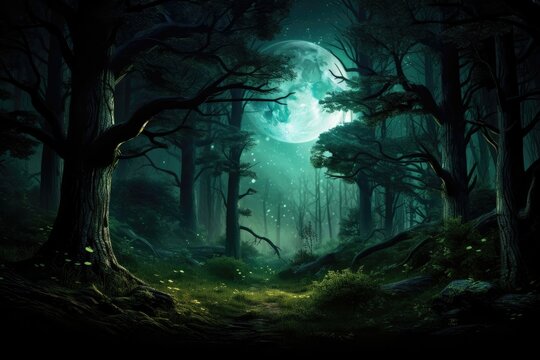 Enchanted forest glows beneath an ethereal moon, trees aglow with firefly magic