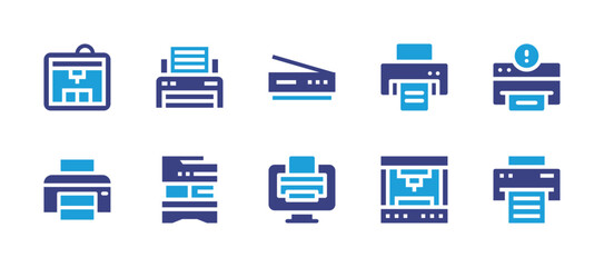 Printer icon set. Duotone color. Vector illustration. Containing paper printer, printer, multifunction printer, scanner, alert, print, computer, printing.