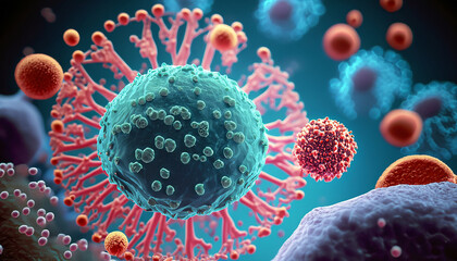 Microenvironment concept with virus cells, T-Cells, nanoparticles, microenvironment normal cells, molecules, and blood vessels. Generative AI