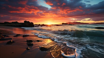 Fototapeta premium Sunrise,beach with dark blue sky and sunshine. With a charming and beautiful orange sky