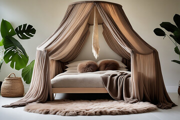 beige chiffon curtain in the bed room
