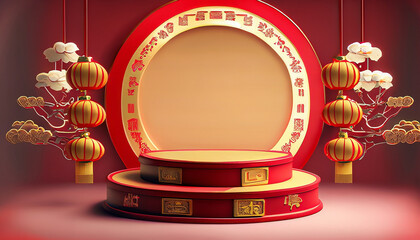 Traditional Chinese New Year of Dragon Podium. Generative AI