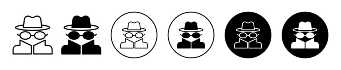 spy icon. Undercover spy agent to investigate situation or crime symbol set. Invisible hidden hacker or stranger wearing black coat and goggles vector sign. Robber or mafia person with mask line logo - obrazy, fototapety, plakaty