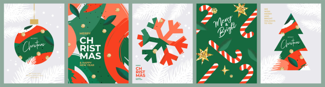 Merry Christmas and Happy New Year greeting card Set. Modern Xmas design with typography, beautiful Christmas tree and ball, snowflake, candy cane pattern. Minimal art banner, poster, cover templates