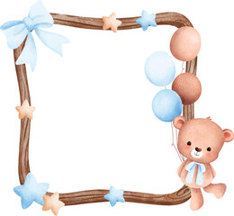 Watercolor illustration wooden frame with cute baby teddy bear and balloon