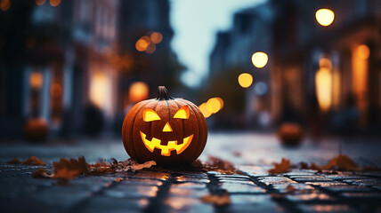 Halloween pumpkin Jack O’ Lantern in the old town