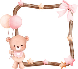 Watercolor illustration wooden frame with cute baby teddy bear and balloon