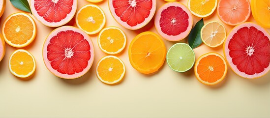 Studio shot of bright colorful sliced citrus fruits in a modern creative flat lay pattern