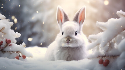 Rabbit in the snow ,cute bunny in the christmas snow background generative with ai
