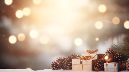 christmas and new year background gift boxes and pine cones and branches on the background of bokeh lights generative with ai - obrazy, fototapety, plakaty