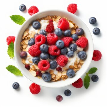 Muesli with blueberries and raspberries in bowl on a white background