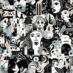 Obraz premium Diversity people cartoon collage repeat pattern