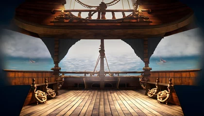 Fotobehang ship in the port wallpaper theater stage background featuring an abandoned pirate ship deck  © Bilawl