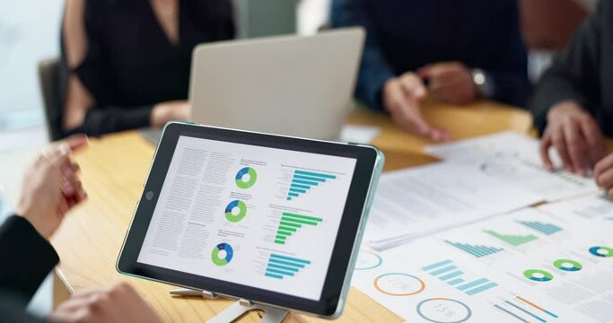 Business people in meeting, data analysis on tablet and online review with graphs and info for team doing market research. Statistics, analytics dashboard and digital infographic with collaboration