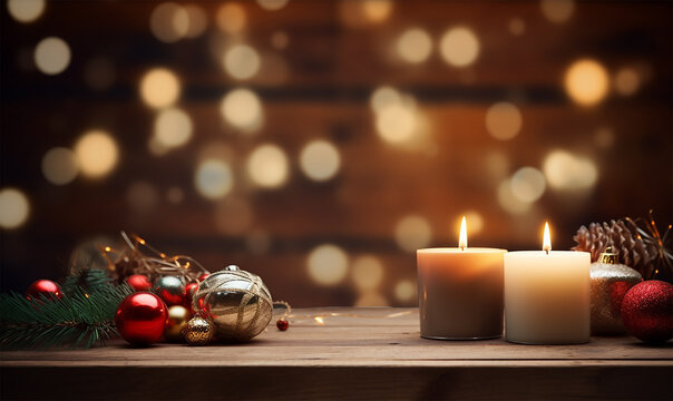 Christmas candles on a rustic wooden background
